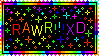 a stamp with the words "rawr!! XD" on a black background with rainbow stars